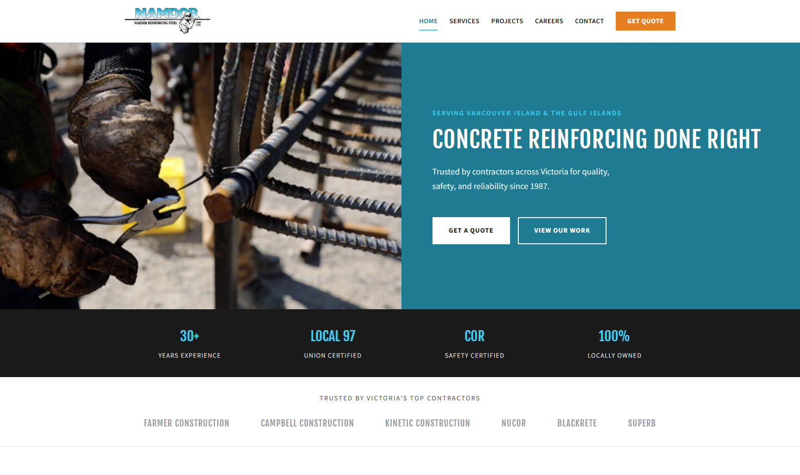 Namdor Reinforcing Steel website — rebar and reinforcing contractor site, Victoria BC